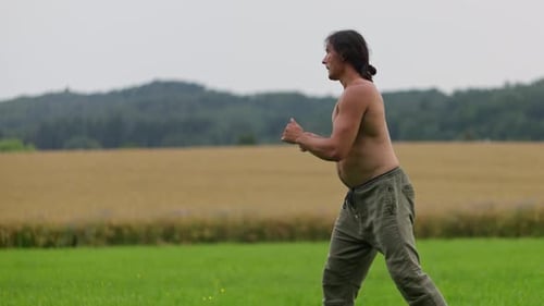 Shirtless Man is Practicing Martial Arts in a Tranquil Grassy Field Against a Rural Landscape