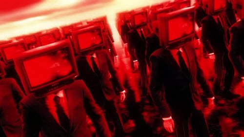 Glitchy TV Head Figures Walk in a Surreal Red Landscape