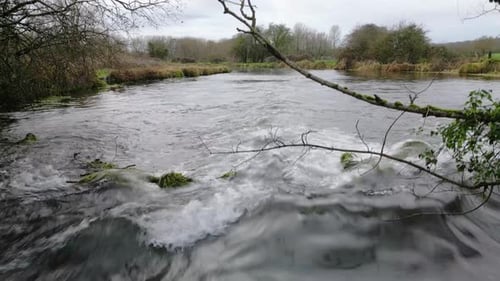 Schnell fließender Fluss mit hohem Wasserspiegel, niedriger Aussichtspunkt über Wasser und durch Bäume
