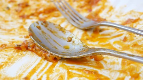 Dirty Plate with Leftover Food and Utensils