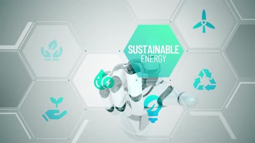 Robotic Hand Activates Holographic Sustainable Energy Infographic Icons