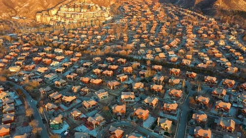 Wide aerial view of Jackson Hole, a Chinese fake copy town near Beijing, China.