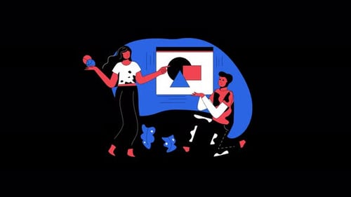 Two people engaging in a creative presentation with shapes