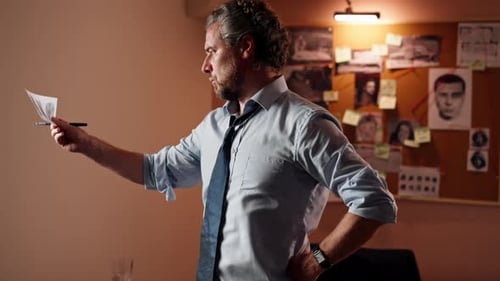in the Detective's Office Middleaged Investigator in a Shirt and Tie Examines with a Magnifying