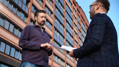 Male Flat Apartment Buyer Real Estate Agent Discuss Contract Banking Deal Loan Mortgage Agreement