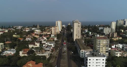 Aerial view of city buildings near the coast, Mozambique.