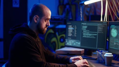 Homem fazendo atividades cibercriminosas em Rundown Hideout Dolly Out Shot