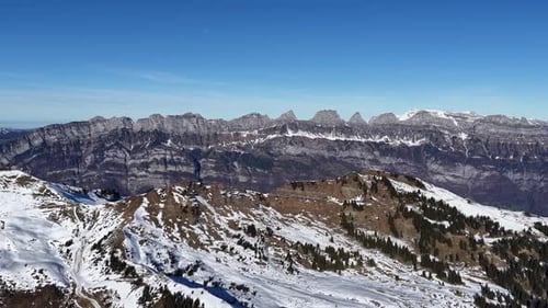 Breathtaking Panoramic View of Rugged Snow Covered Alpine Mountain Peaks