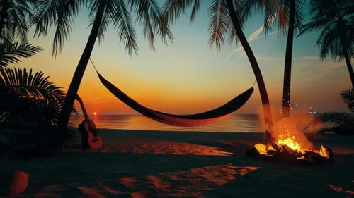 Relaxing Beach Sunset with Hammock, Campfire, and Palm Trees