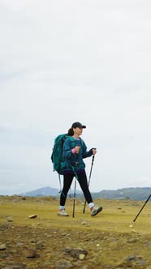 Randonneurs aventureux qui parcourent les montagnes rocheuses avec des sacs à dos et des bâtons de randonnée