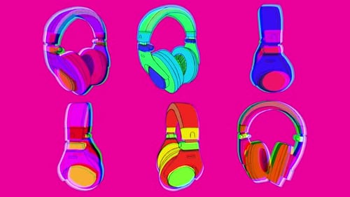 Animated Headphones in Retro Neon Pop Art Style with Glitch Effect