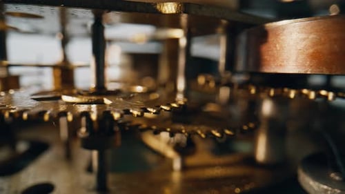 Macro Rotating Gear Inside Vintage Timekeeping Device Brass Wheels Interlock