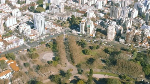 AERIAL - Skyline and city landscape of Buenos Aires, Argentina, wide shot tilt up