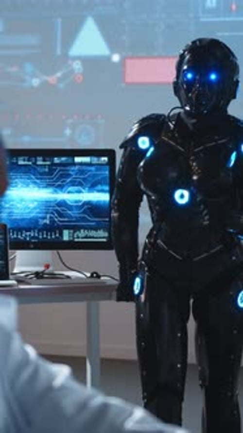 Robot futurista con llamativos detalles en azul ambientado en un entorno de alta tecnología