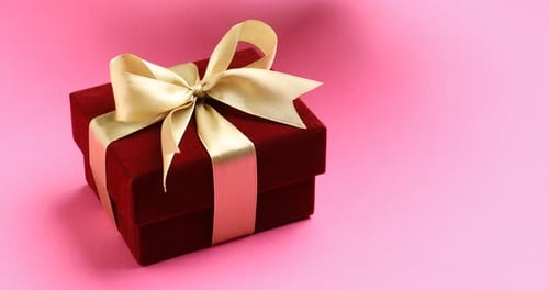 Burgundy Gift Box with Roses on Pink Background