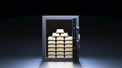 Safe deposit box door opening with a stack of gold bars inside. Security, money and bank concept
