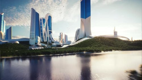 4K, Cinematic cuts. 3D Utopia City of the future