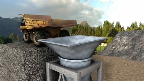 Industrial mining equipment processing raw rocks and minerals