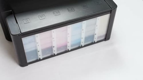 Close Up of Inkjet Printer with Refillable Ink Tanks