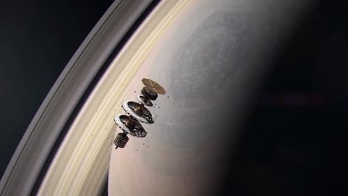 Futuristic Space Probe Orbiting Saturn's Rings