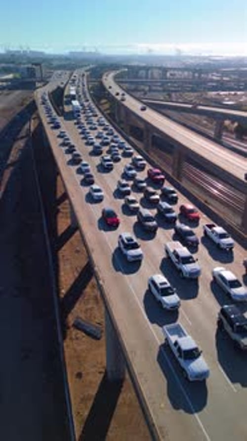 Traffic Jam On Interstate 80 Near The Maze In Oakland, California, United States. Aerial Drone Shot
