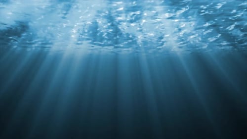 Blue Ocean Underwater With blue Sun Rays Shining Looping Animation, Sun Beam Underwater With Waves,