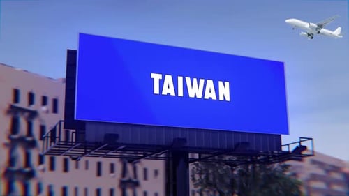 Taiwan Road Sign With A Street Billboard And An Airplane Taking Off In The Background