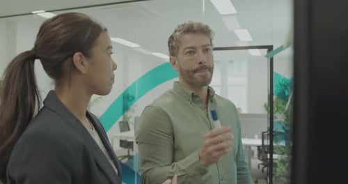Business People in Casual Office Meeting, Sticking Notes on Glass wall