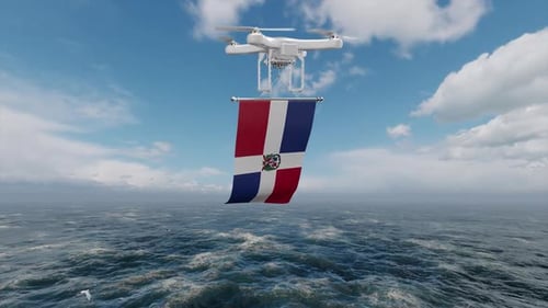 Drone Flying Over Ocean With Dominican Republic Flag