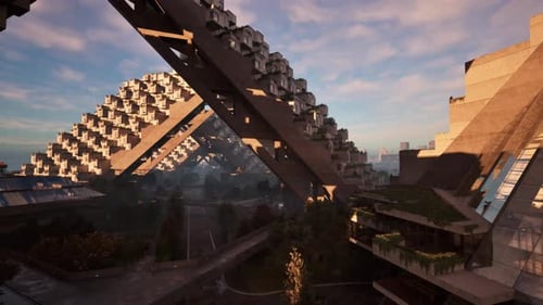 Una ciudad futurista con una imponente estructura metálica