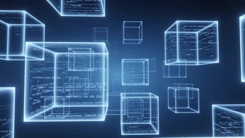 Blockchain concept, Cube with digital data code inside.