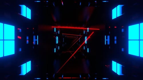 Blue And Red Cyber Tunnel With Glowing Neon Lines And Squares Background Vj Loop In 4K