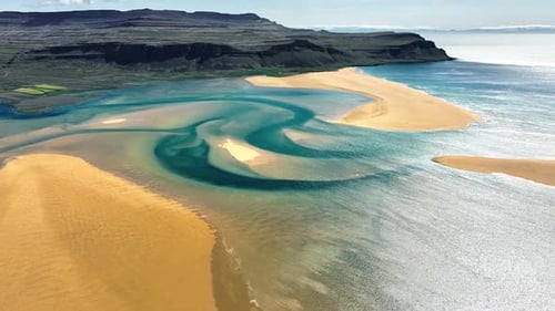 Paradise Golden Beach Aerial View Azure Water Yellow Sand Scenic Nature in Iceland