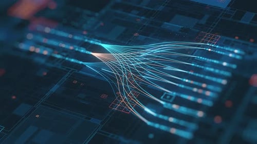 Abstract representation of data flow and network connections on a digital circuit board background
