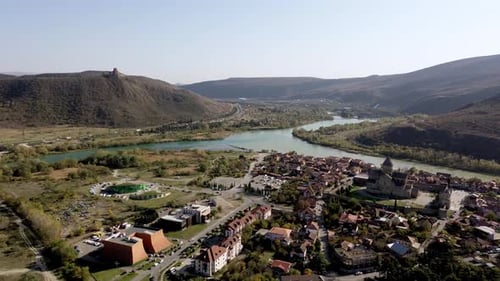 Beautiful aerial view of streets of Mtskheta village in Georgia