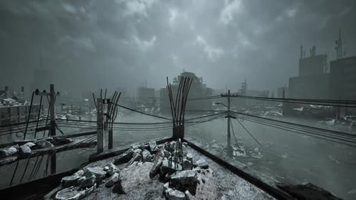 Desolate Urban Landscape Under Stormy Sky with Power Lines and Snow