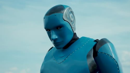 Future Technology Cyborg Blue, ciberdroide futurista, humanoide robótico que se activa al aire libre contra