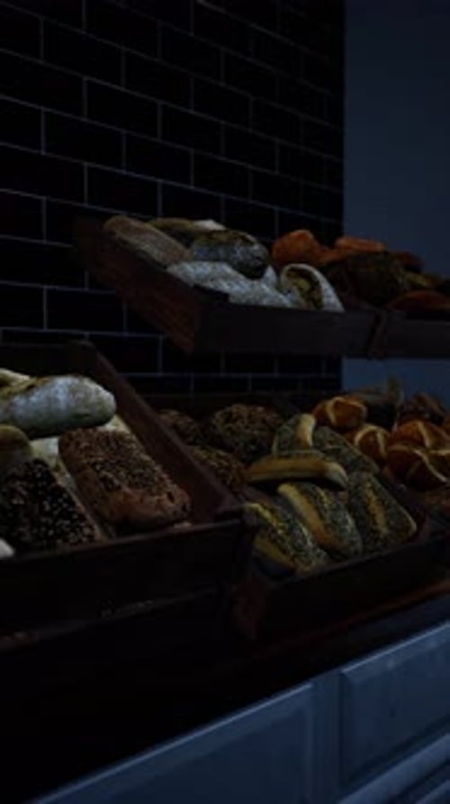 Assorted Bread Display on Old Bakery Counter