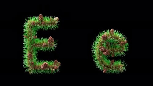3D animation of letter E built from pine needles and cones, alpha channel.