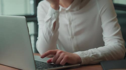 Close Up Overworked Overtime Fatigued Exhausted Caucasian Business Woman in Office with Laptop