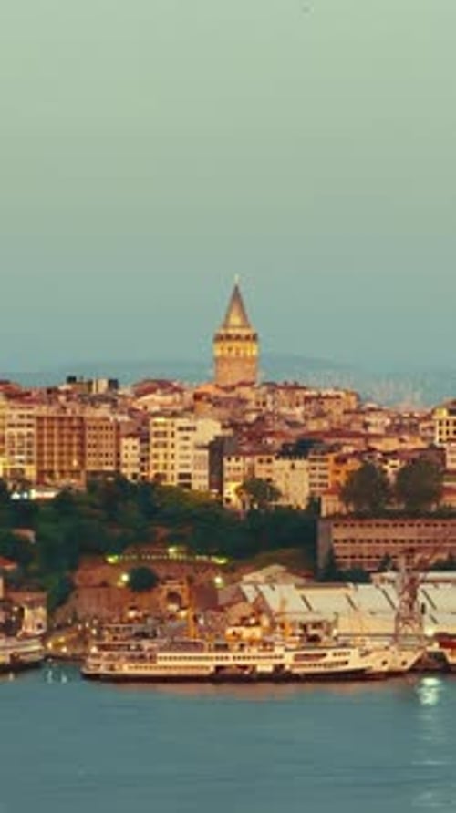Galata Tower and Istanbul's waterfront at sunsetv