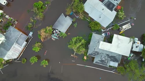 Surrounded By Hurricane Ian Rainfall Flood Waters Homes in Florida Residential Area
