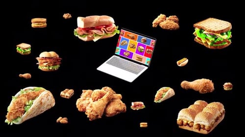 Moving animation of fast food and sandwiches. Transparent background and loop video