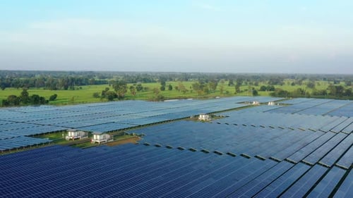 Aerial view of solar panels stand in a row landscape electrical power