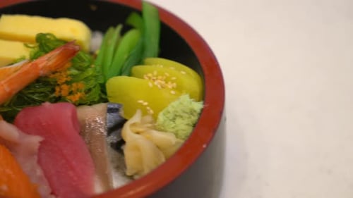 Colorful Japanese Chirashi Sushi Bowl Close Up