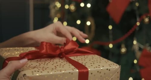 Hands Untying Christmas Gift Ribbon Close Up
