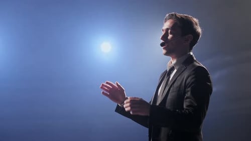 Speech of Business Man Employee at Business Conference for Office Workers Speaker Talks to Audience