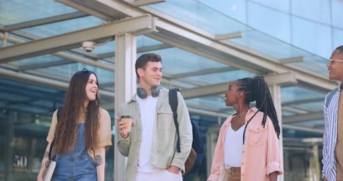 University student group, walking and happy people conversation on studying