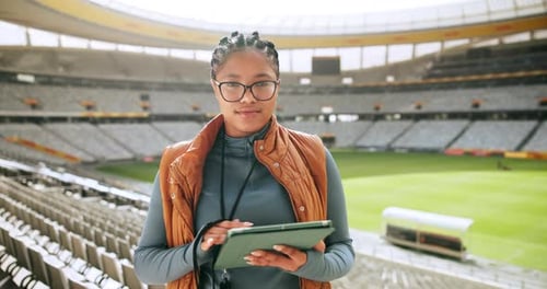 Sports, face and woman for media relations, press release and tablet in stadium with presentation