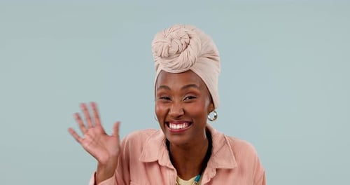Hands, wave and face of woman in studio to say hello, welcome and greeting sign in video call